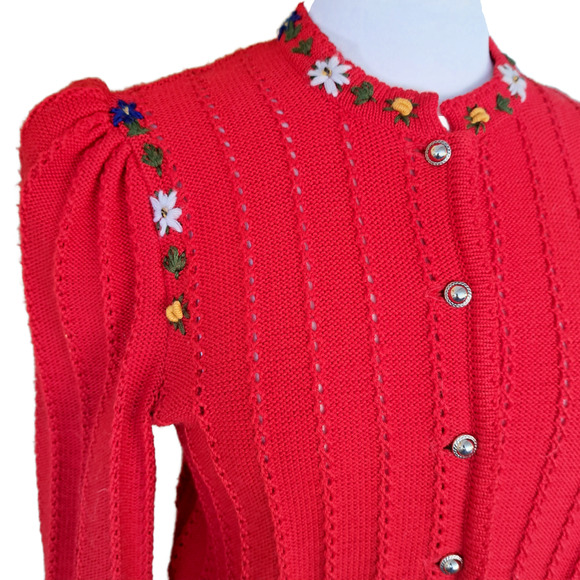Pfister Austria Vintage Tyrolean Cardigan Sweater Red Floral Folk Embroidered L - Picture 2 of 11